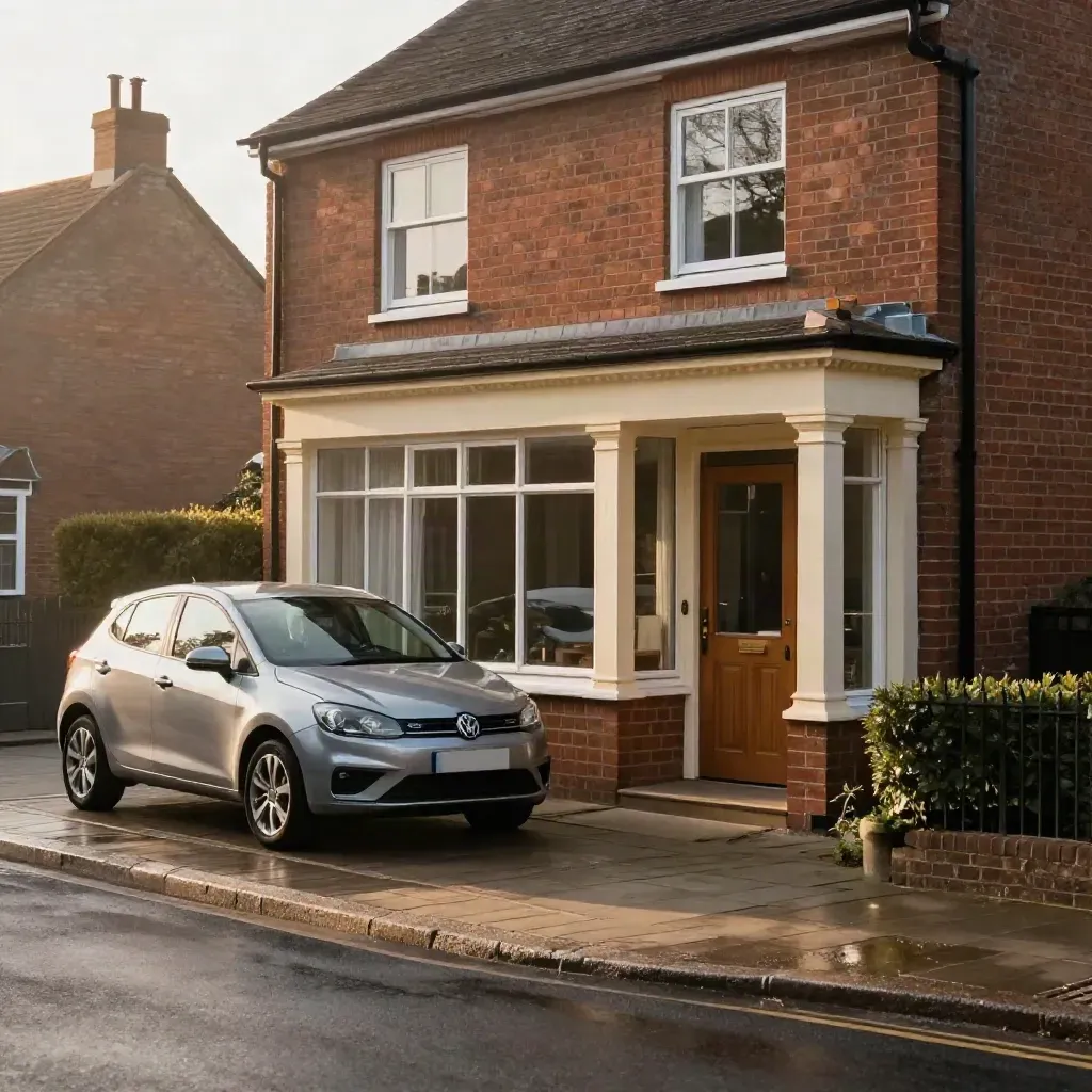 Pewter hatchback by a brick home and corner shopfront in soft morning light.