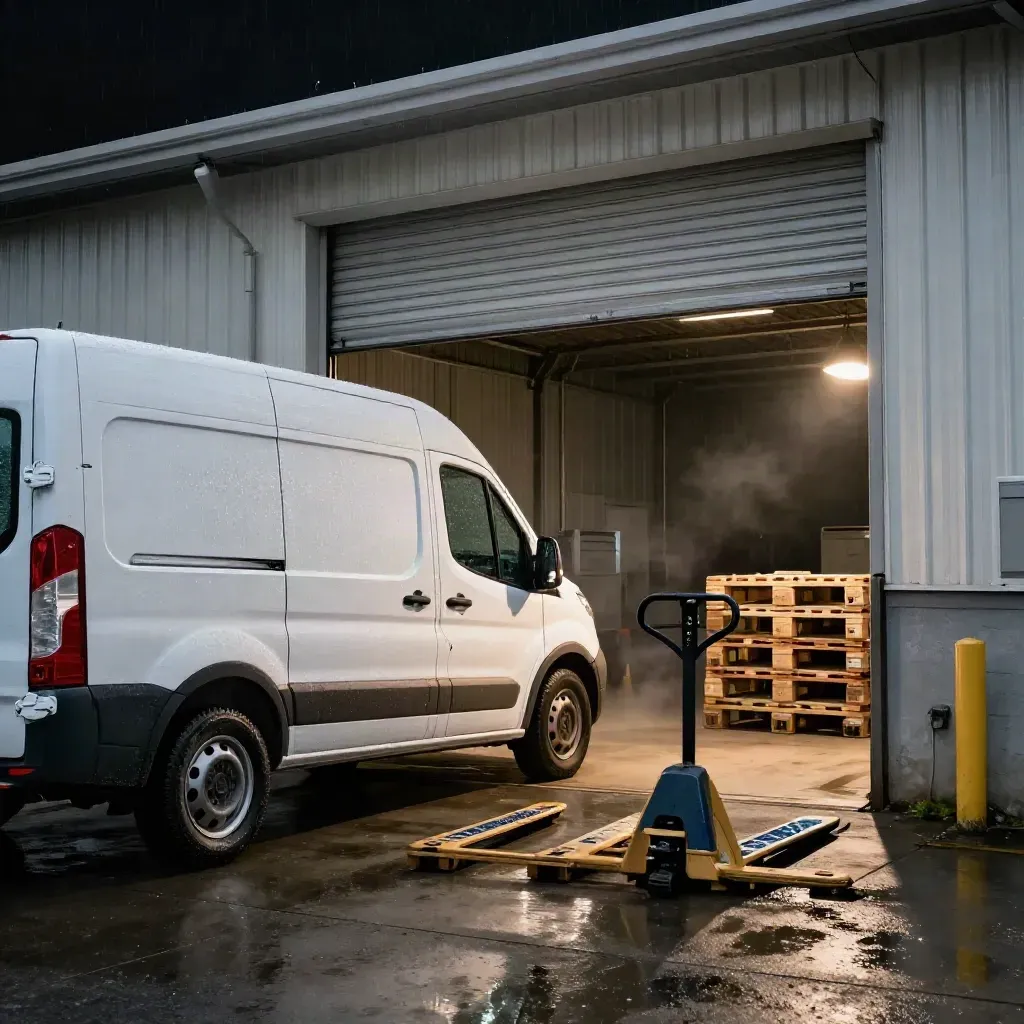 White work van beside pallet crates and a pallet jack outside a rain-wet industrial unit at opening time.