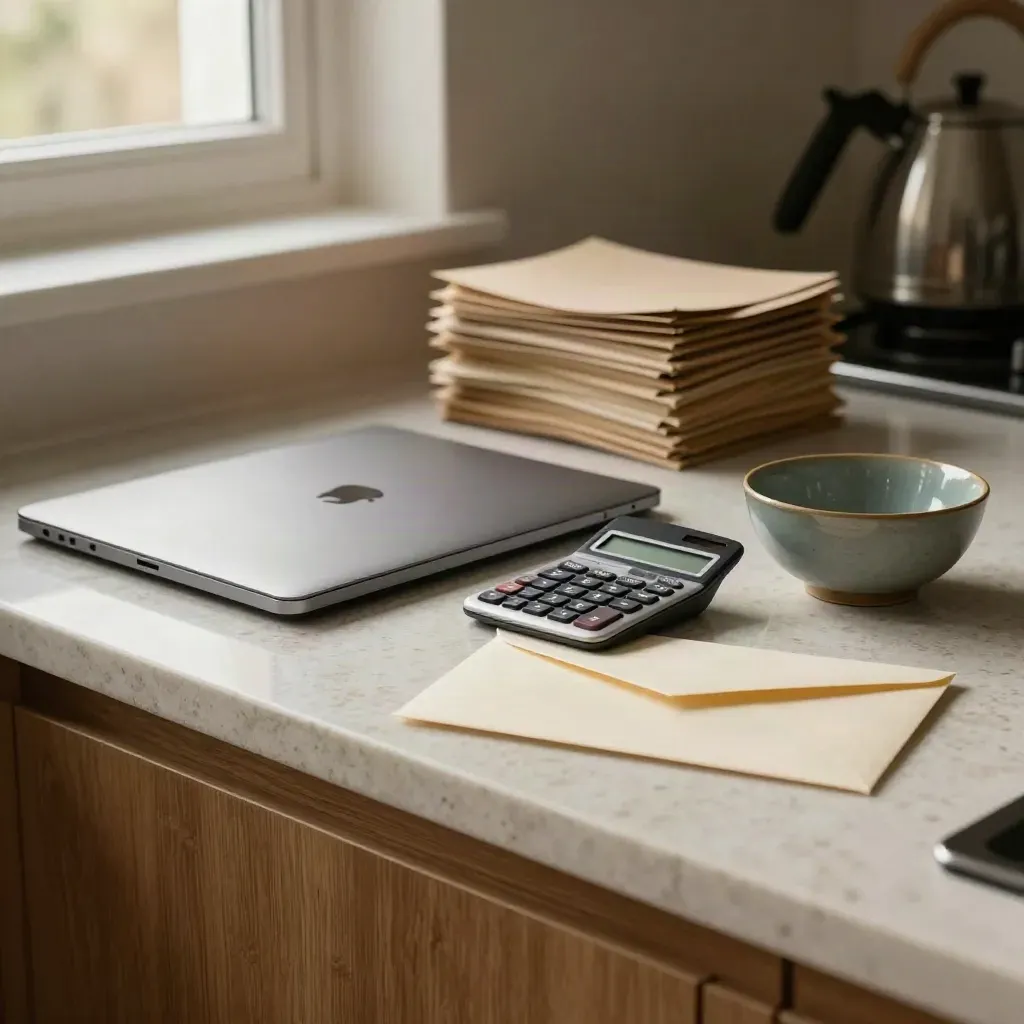 Warm kitchen counter with laptop, envelope, calculator and teal bowl in renewal-review light.