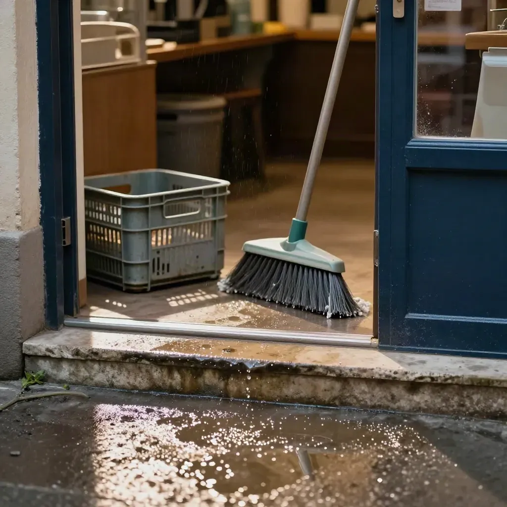 Wet storefront threshold with broom, crate and drying spill on reflective pavement.