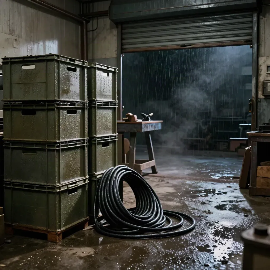Low workshop floor with rain-speckled crates, coiled cable, shutter and steam after a storm.