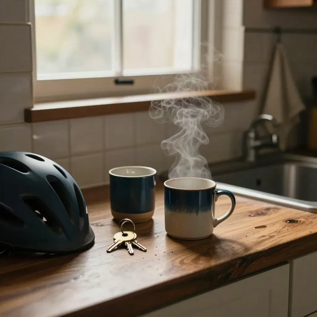 Shared kitchen counter with steam, mugs, a navy bike helmet and house keys in warm morning light.
